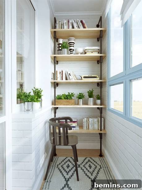 Tiny Home Office Idea: Pipe and Wood Shelving Desk