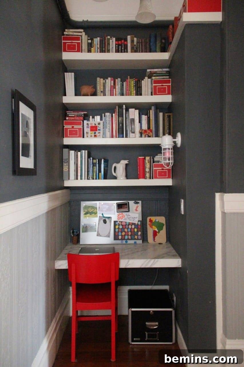 Tiny Home Office Idea: Bold Color Scheme Workspace