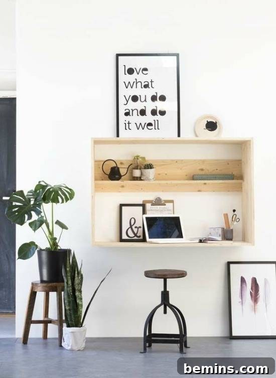 Tiny Home Office Idea: Wall-Mounted Shelf Desk