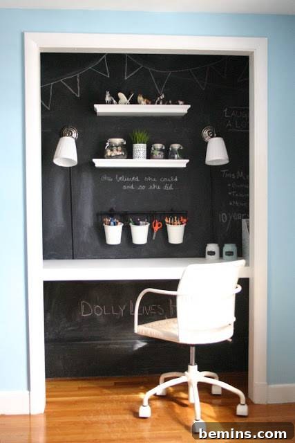 Tiny Home Office Idea: Chalkboard Wall Workspace