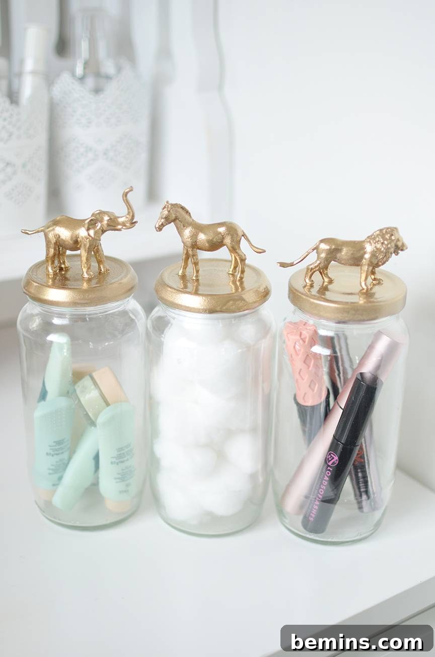 20 DIY Bins, Boxes, and Baskets for Ultimate Home Organization 14 DIY Gold Animal Topped Storage Jars for Kids' Room