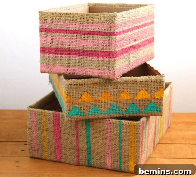 20 DIY Bins, Boxes, and Baskets for Ultimate Home Organization 16 DIY Burlap Storage Boxes from Cardboard