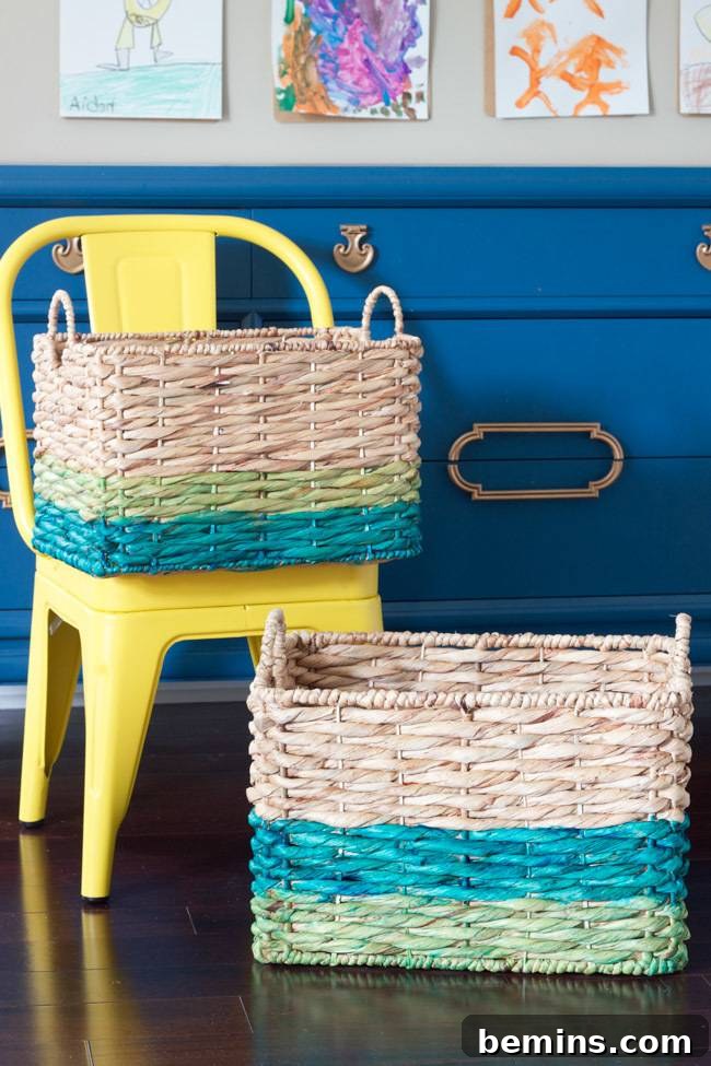20 DIY Bins, Boxes, and Baskets for Ultimate Home Organization 3 DIY Ombre Dyed Baskets for Stylish Toy Storage