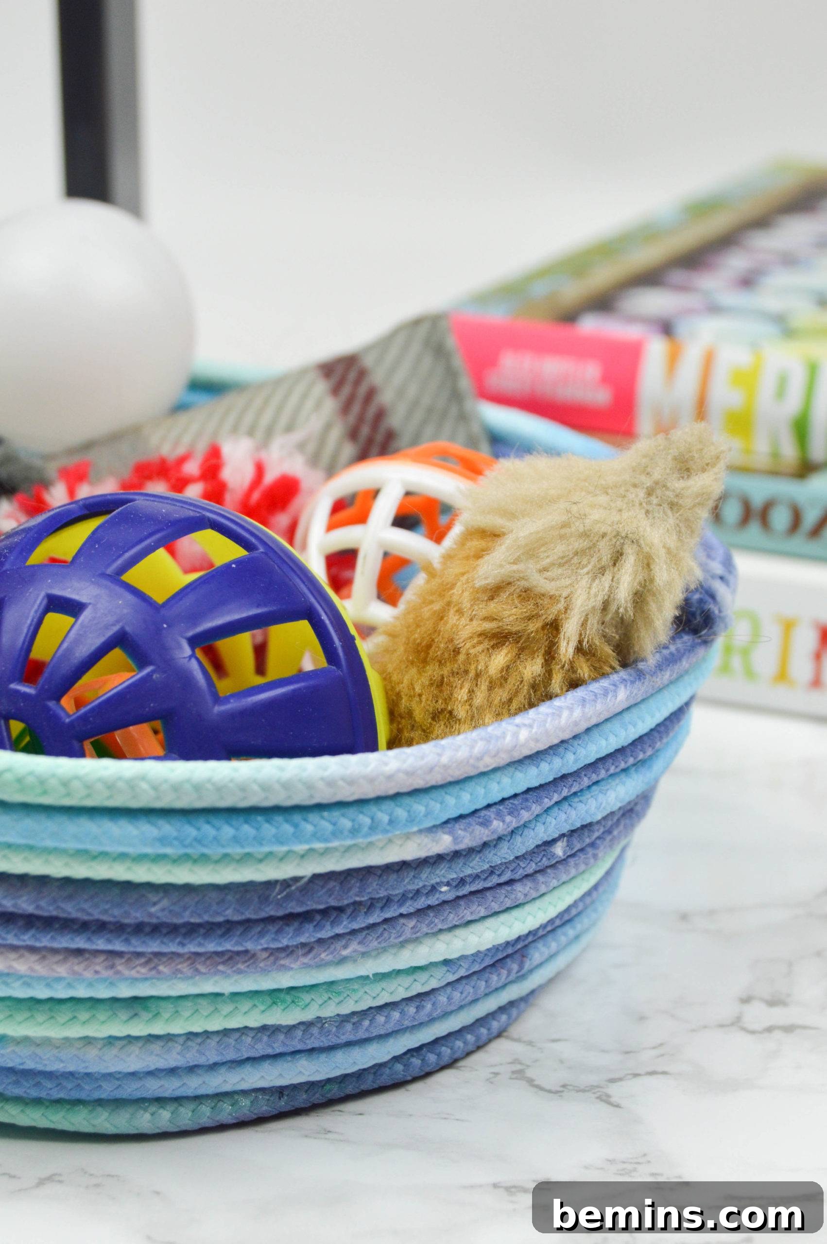 20 DIY Bins, Boxes, and Baskets for Ultimate Home Organization 8 Unique Dip-Dyed Rope Bowl with Glue Gun Technique