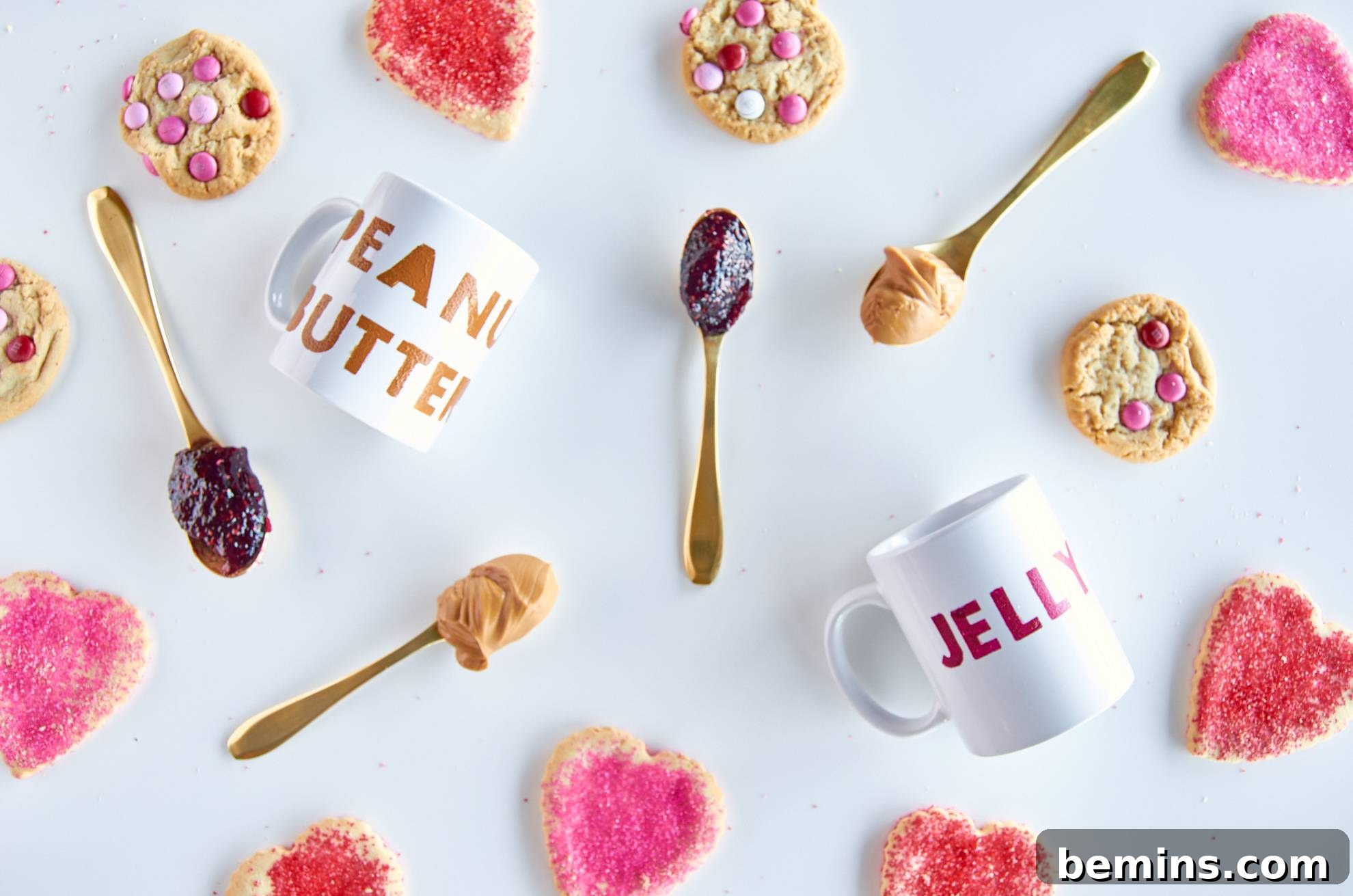 Different treats with peanut butter and jelly sit on a surface.