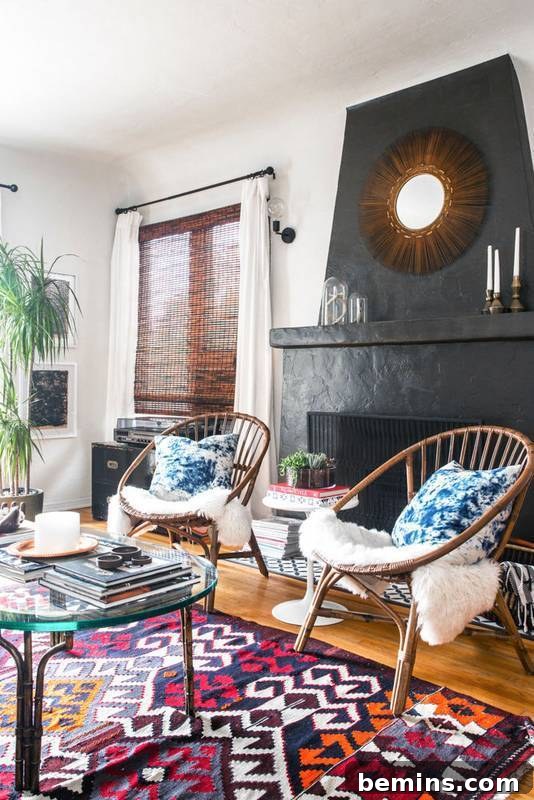 Bohemian rental living room with layered textures and patterns