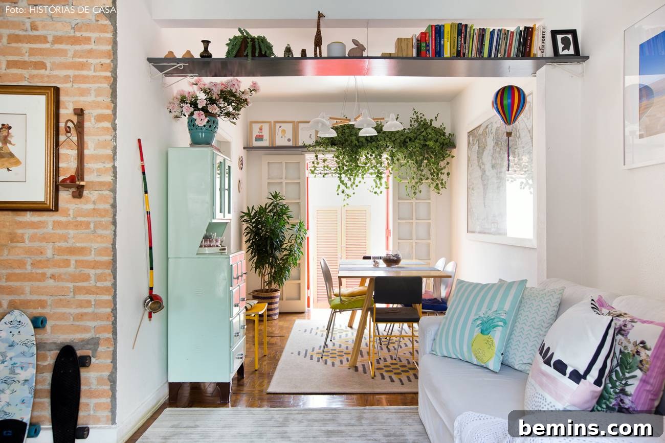 Rental living room with travel souvenirs on display
