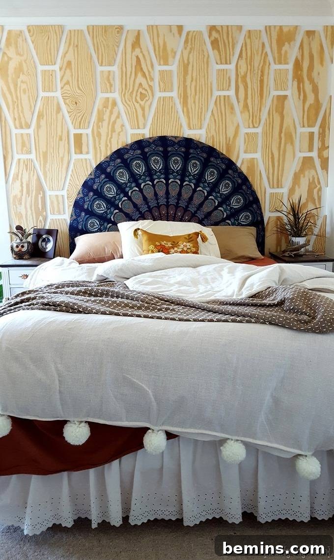 A plywood geometric wall adds a rustic and modern touch to a room.