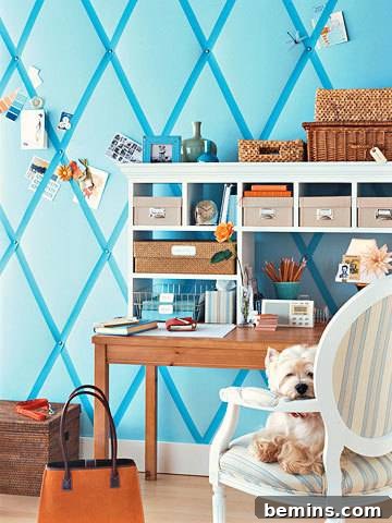A ribbon wall adds a touch of elegance and texture to a home office.