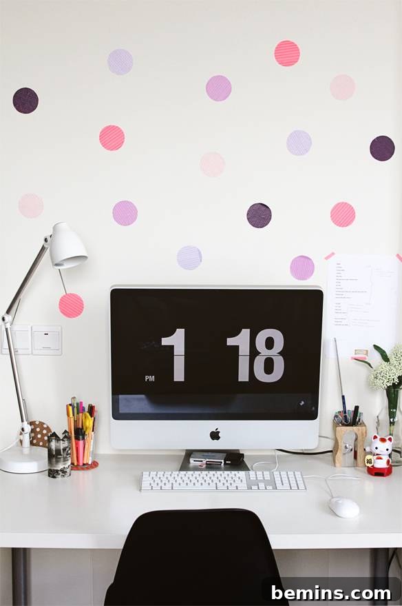 Washi tape polka dots create a fun and temporary accent wall.