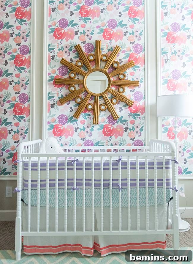 Framed wallpaper creates large-scale wall art on a feature wall.