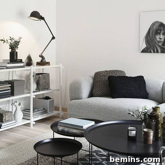 Scandinavian Living Room: Black, White, and Gray with Knitted Pillow Covers