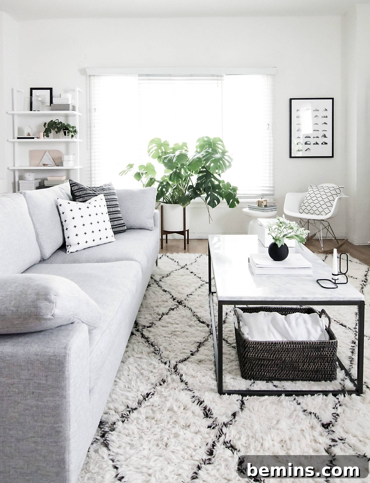 Scandinavian Living Room: Black and White with Wood and Marble Accents