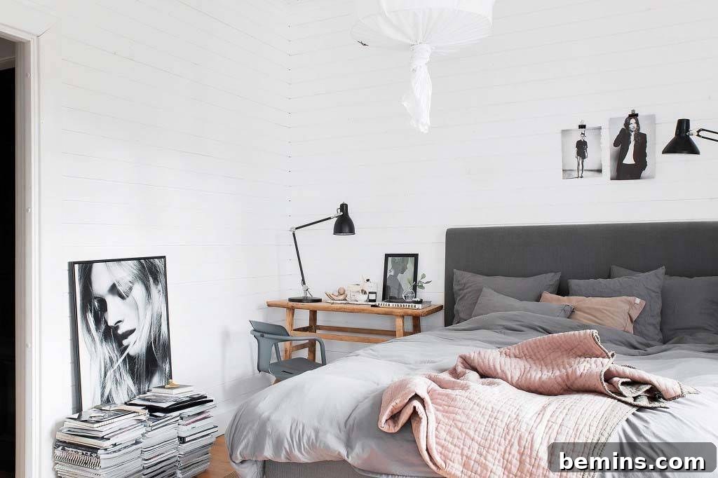 Scandinavian Bedroom: Tone on Tone Gray with Black and White Portraits