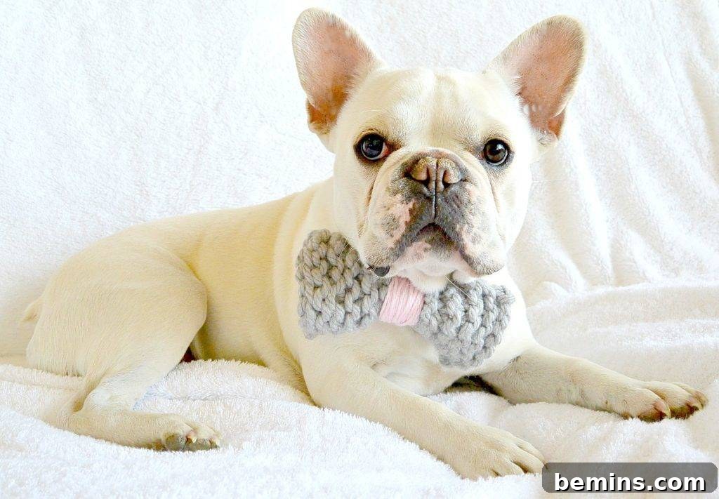 Dog wearing a homemade knit bow tie with pom-pom collar