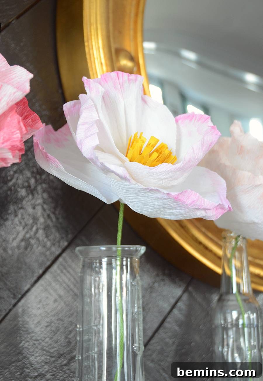 Delicate Paper Blooms: A Spring Mantel Masterpiece 14 Paper Flowers Arranged in Vases on Mantel