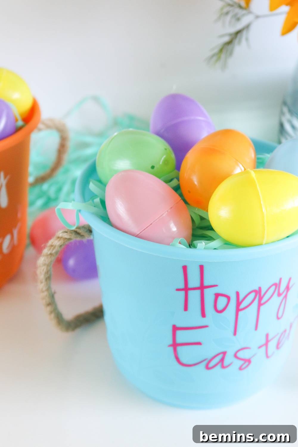 Finished DIY Dollar Store Easter Baskets Ready for Easter Egg Hunts