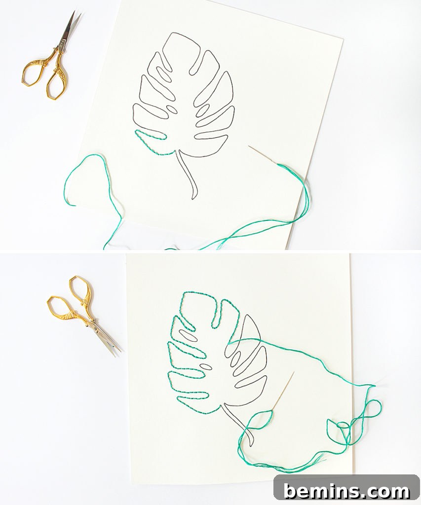 DIY Embroidered Monstera Leaf Art