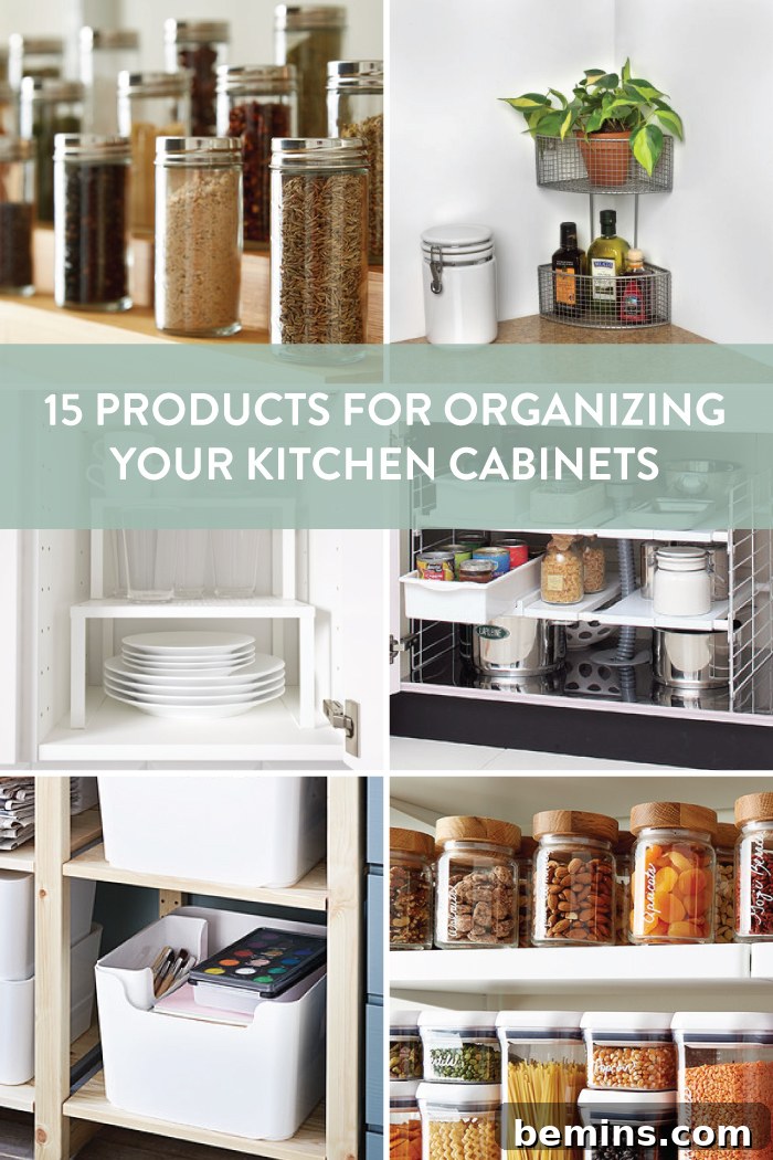 Organized kitchen cabinets with various storage solutions