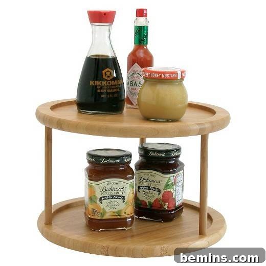 Lazy susan organizing spices in a kitchen cabinet