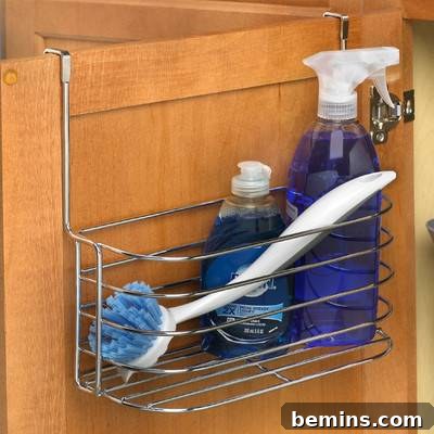 Over-cabinet basket with a towel bar on a kitchen cabinet