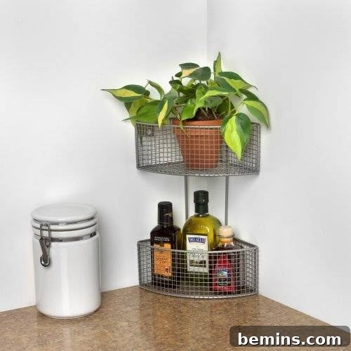 Two-tier corner shelf in a kitchen cabinet