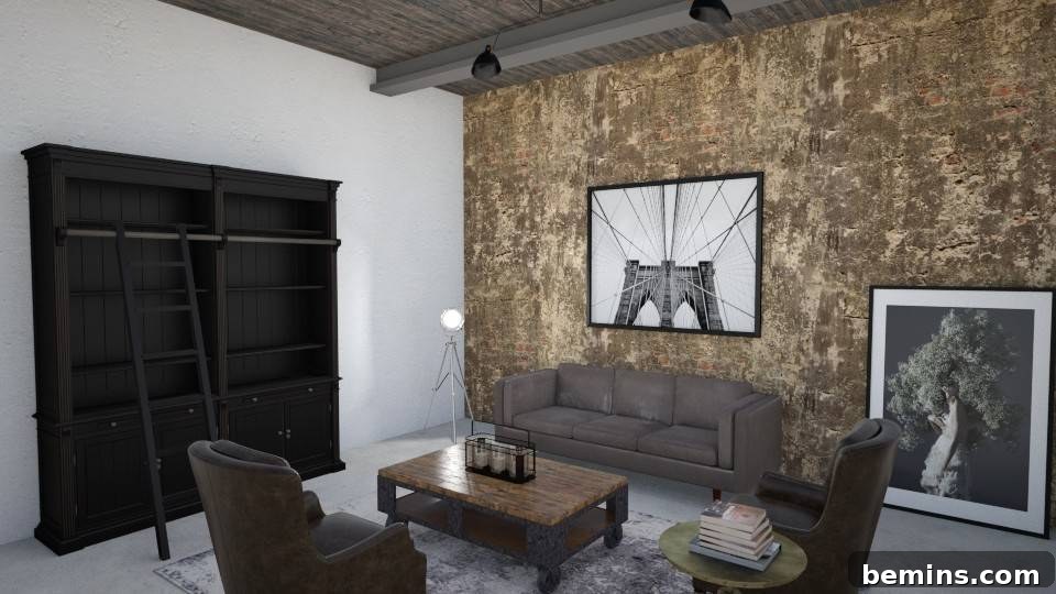 Industrial-chic living room with white and brown walls.