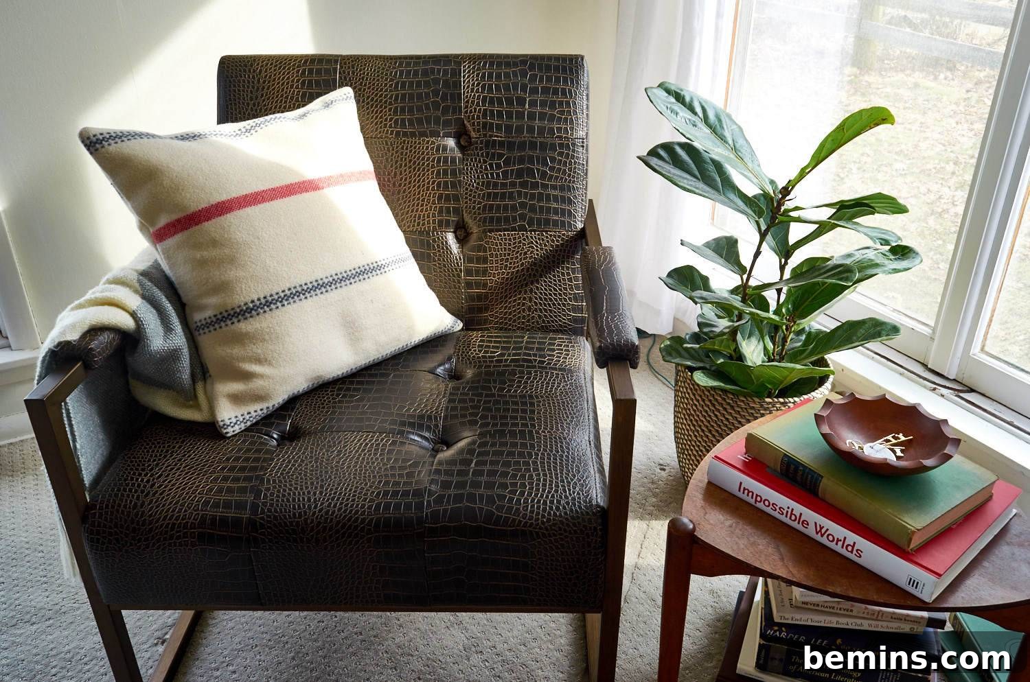 A cozy reading nook with a leather chair.