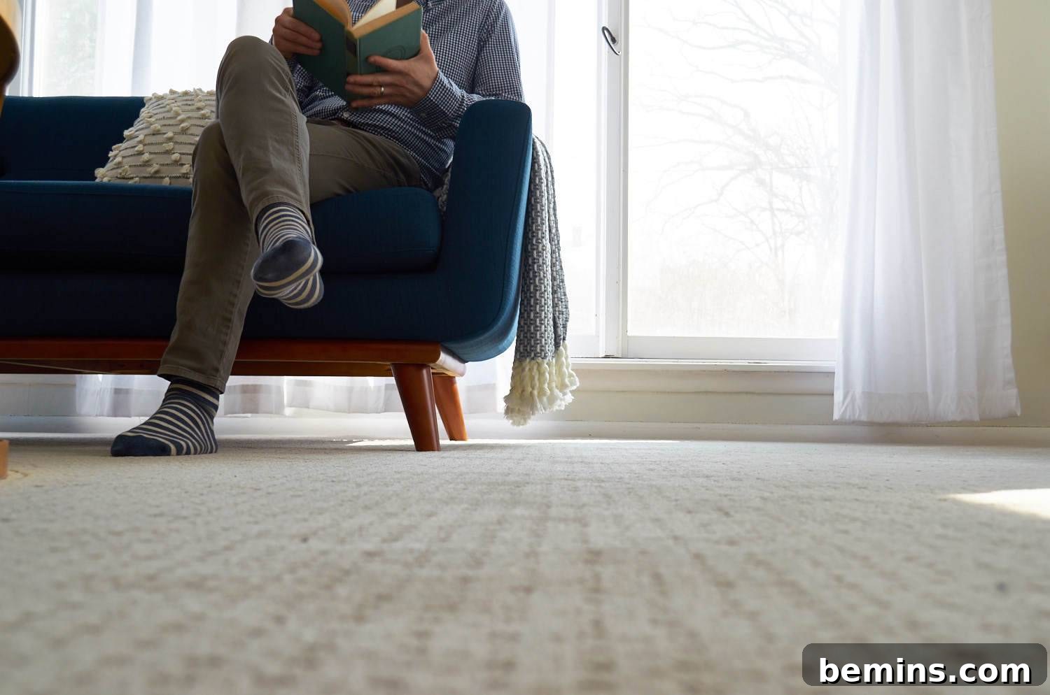 A person sitting on the edge of a blue couch.