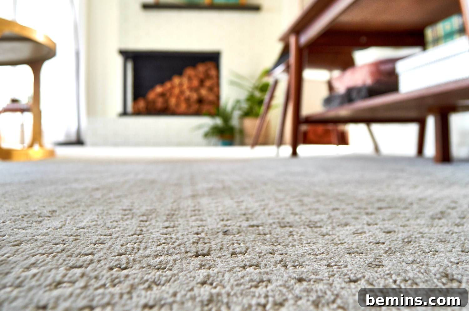 Tan Carpet in the living room with table legs.