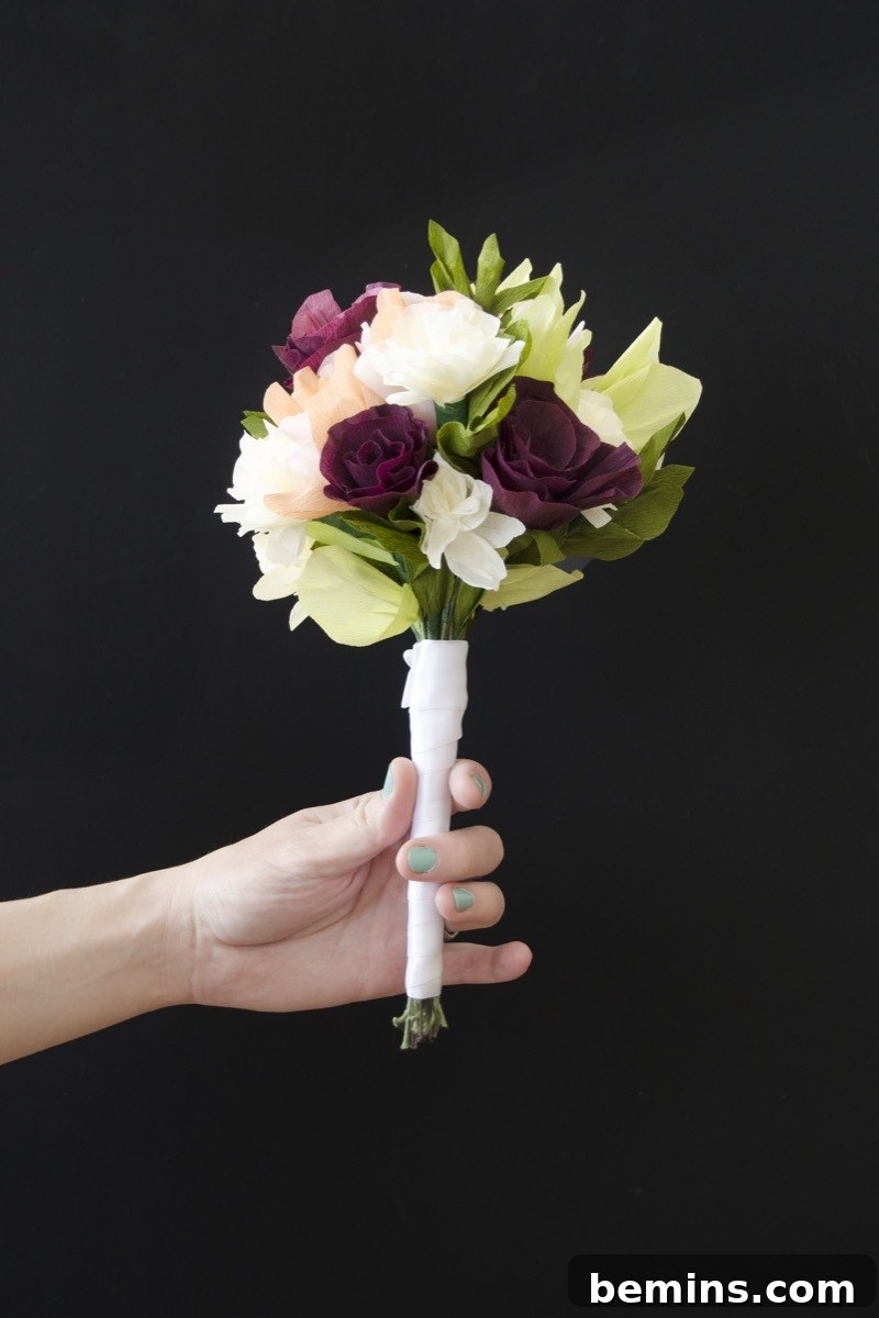 Life-like floral bouquet made from crepe paper for weddings