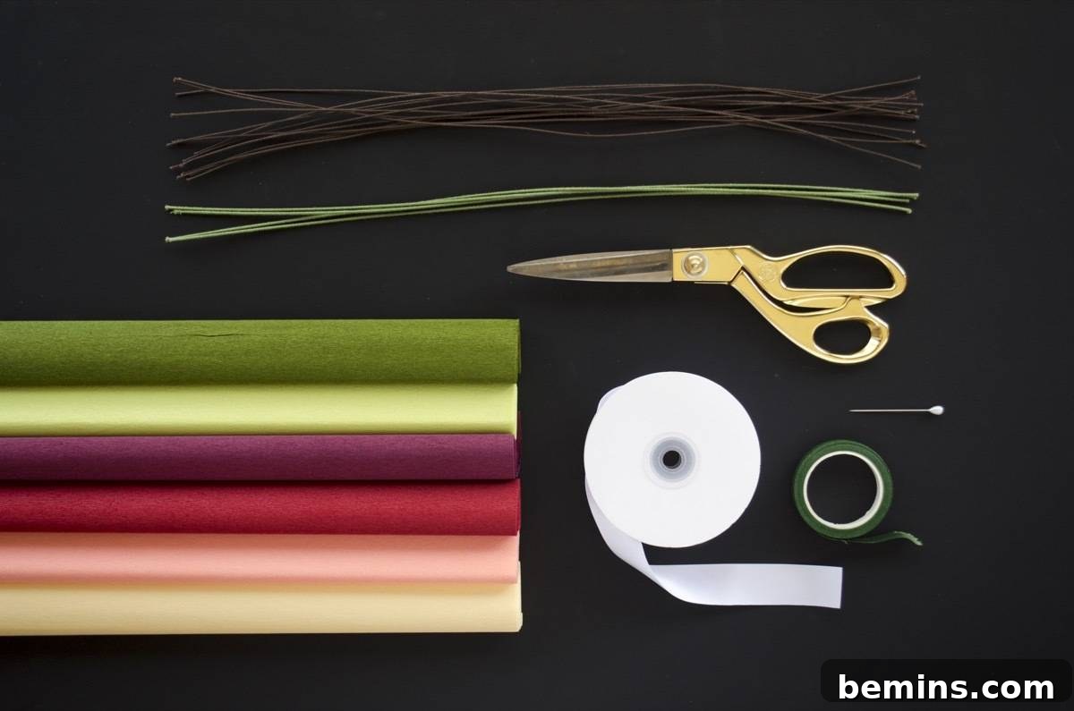 Materials needed for making a crepe paper flower bouquet