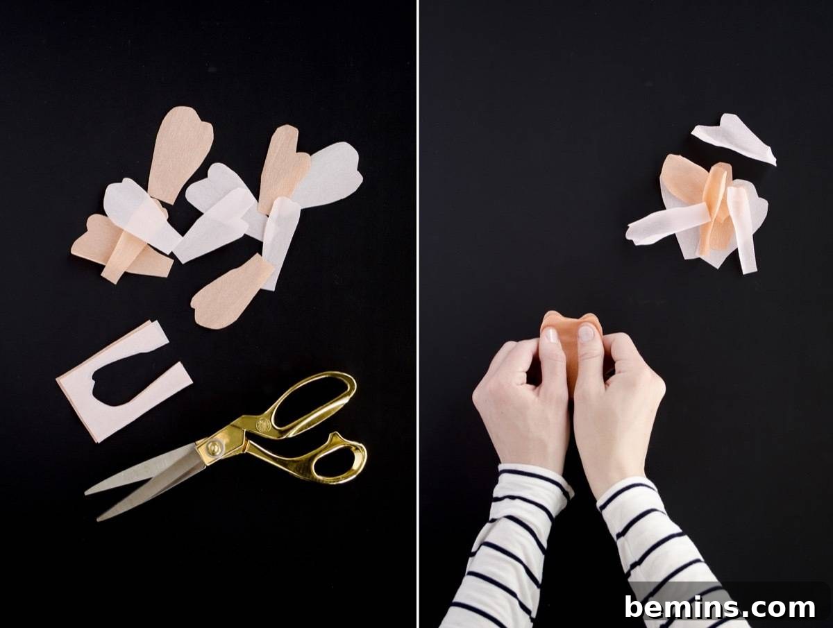 Steps for making crepe paper peonies
