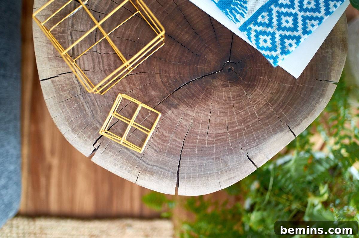 A Stunning Walnut Stump Side Table: Effortless DIY Guide 11 Wooden sticks and a blue and white napkin on the log table outside