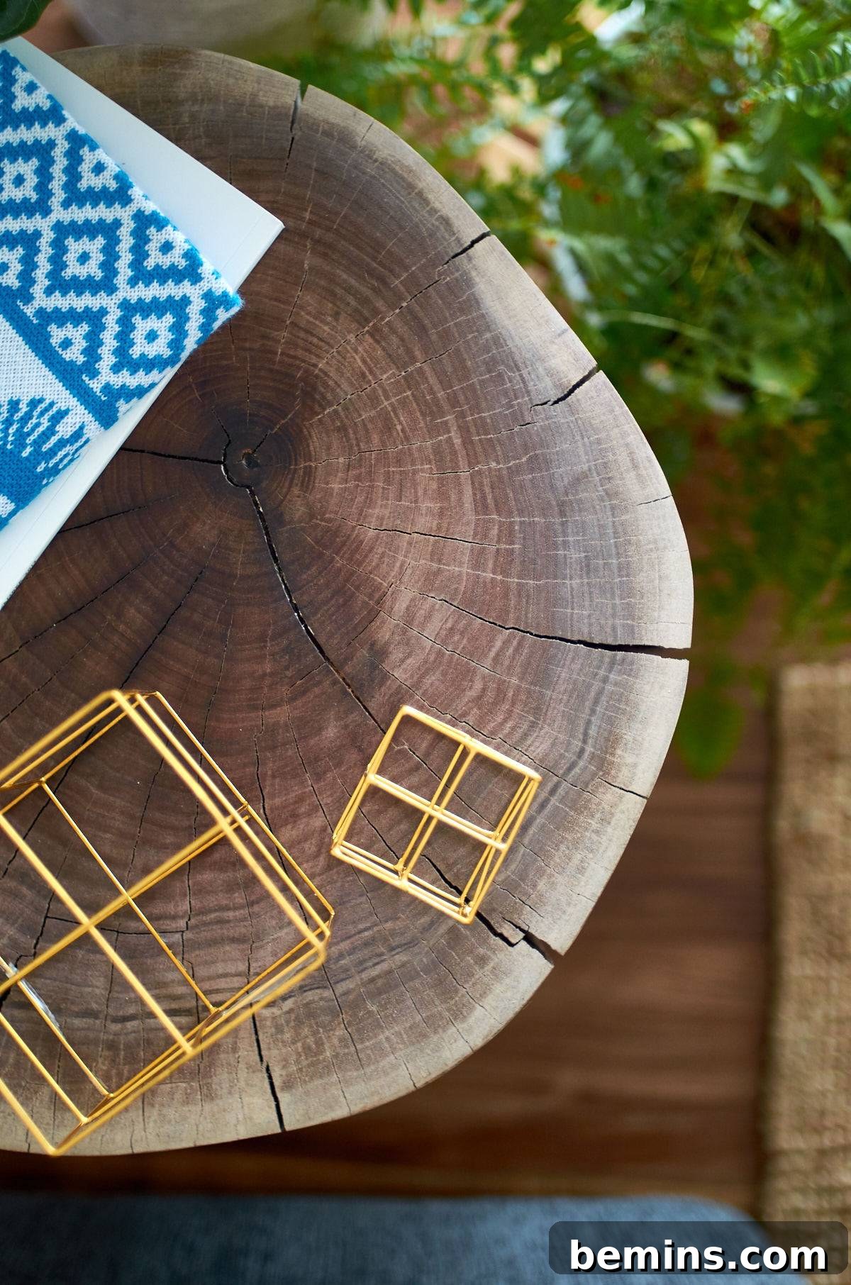 A Stunning Walnut Stump Side Table: Effortless DIY Guide 13 Sticks and a blue and white napkin sitting on a log