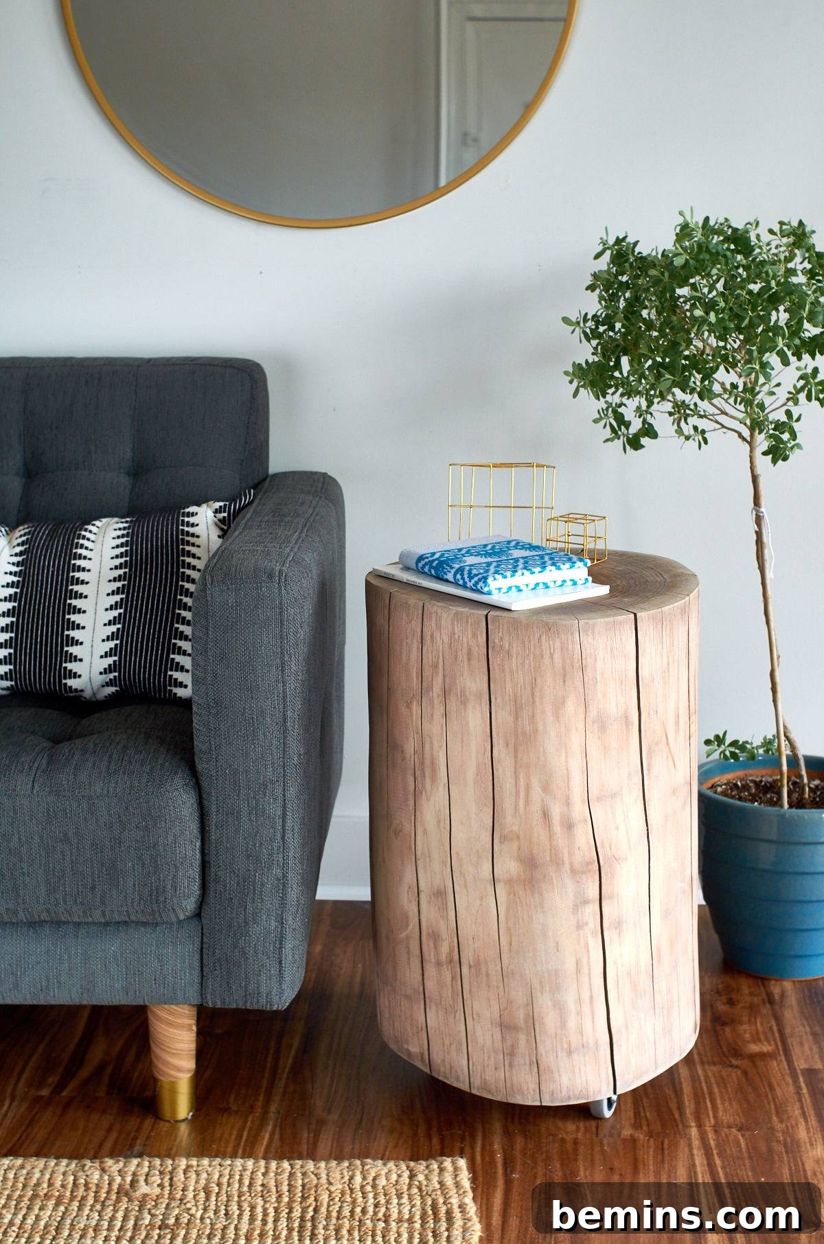 A Stunning Walnut Stump Side Table: Effortless DIY Guide 8 A grey chair with a wooden round side table