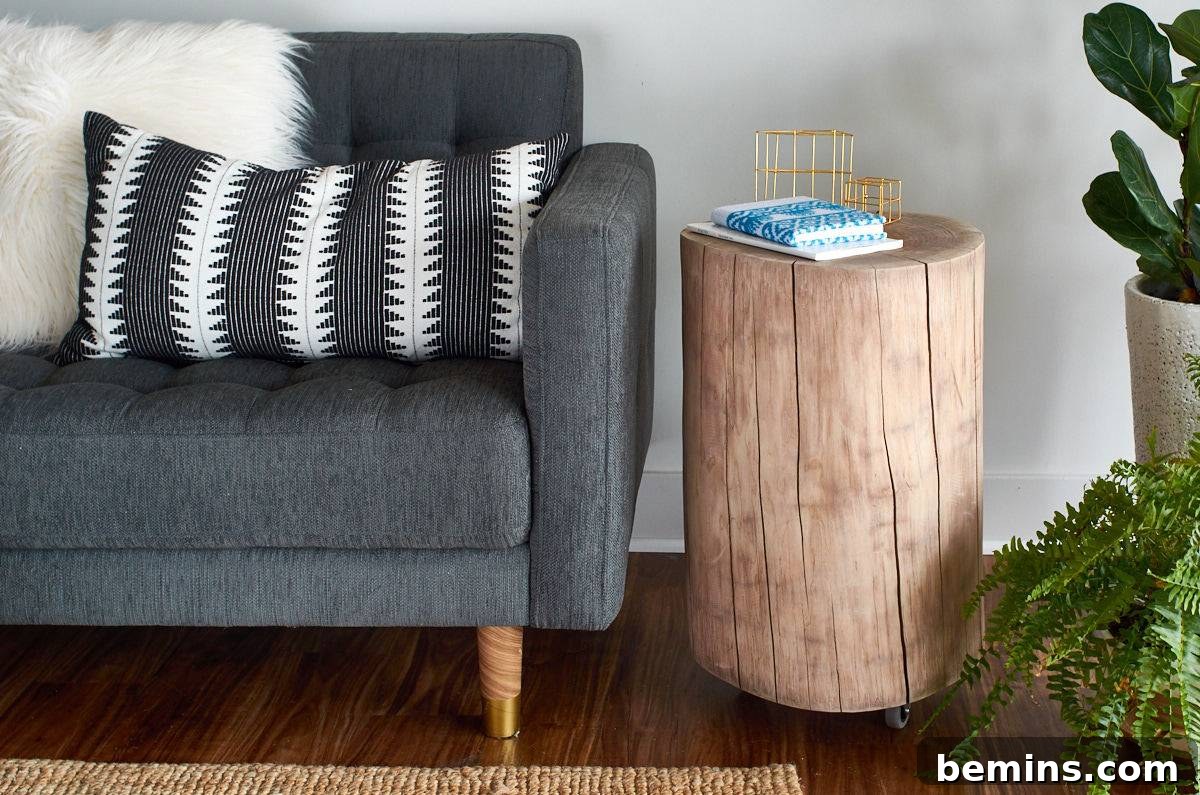 A Stunning Walnut Stump Side Table: Effortless DIY Guide 9 A grey couch next to a brown log shaped table