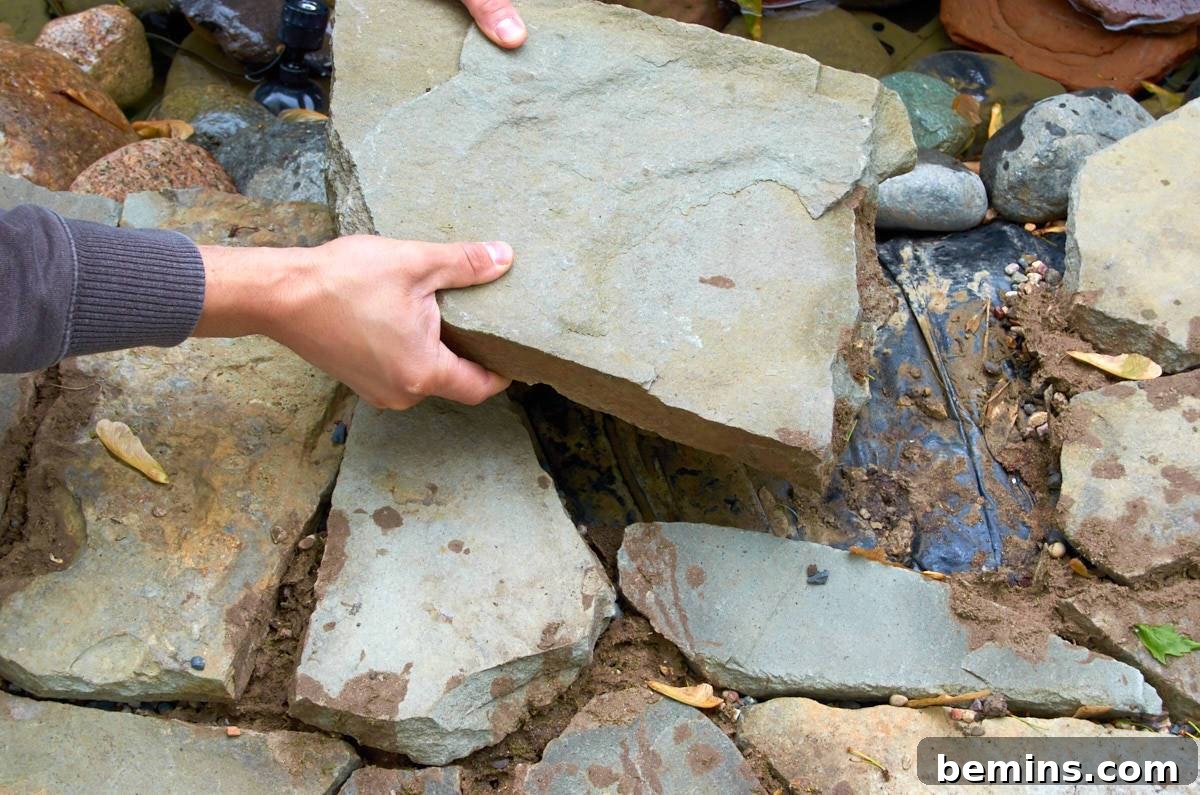 Creating a Backyard Oasis: A DIY Pond and Fountain Project 13 A person carefully placing a flat rock near the waterbed, contributing to the pond's natural aesthetic.