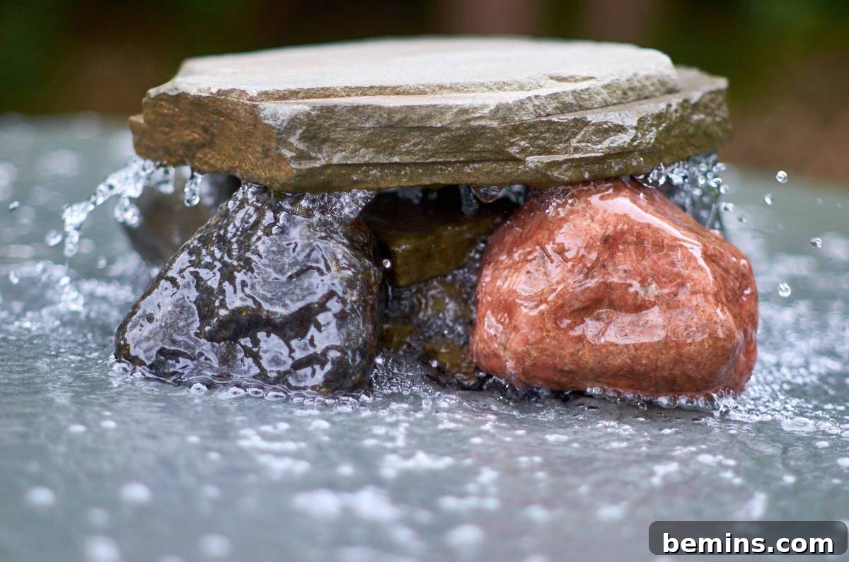 Creating a Backyard Oasis: A DIY Pond and Fountain Project 14 A flat stone carefully placed on several rocks, creating a natural and balanced composition.