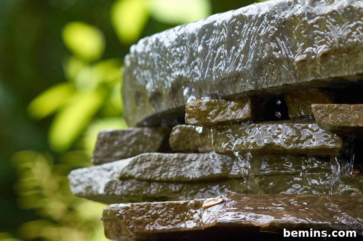 Creating a Backyard Oasis: A DIY Pond and Fountain Project 19 Flat rocks stacked on each other with water pouring down in front of lush greenery, creating a harmonious blend of nature and design.
