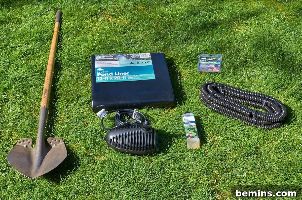 Creating a Backyard Oasis: A DIY Pond and Fountain Project 3 A shovel, rake, and other gardening tools resting on lush green grass, ready for pond construction.