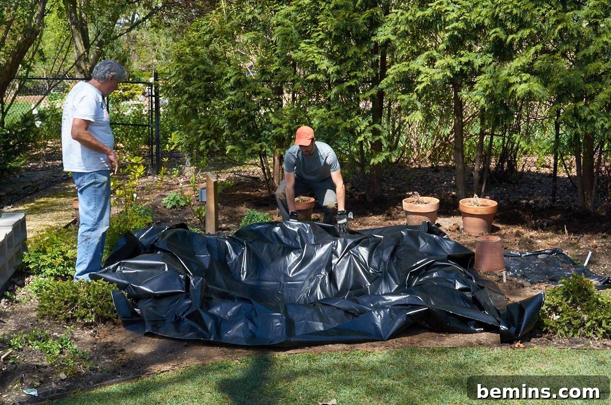 People preparing the pond and fountain setup in the backyard.