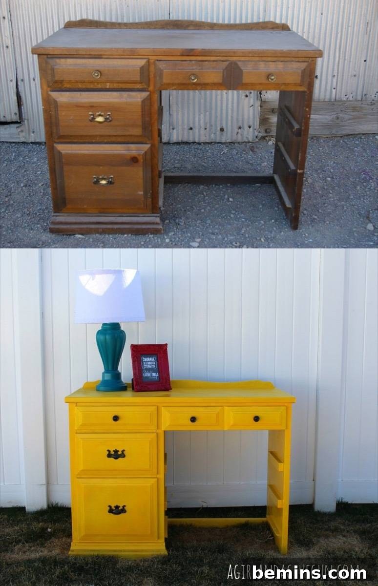 Furniture Transformation Ideas: 67 Stunning Before & After Projects 19 Desk with yellow spray paint makeover