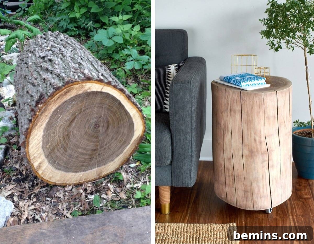 Furniture Transformation Ideas: 67 Stunning Before & After Projects 30 Stump turned side table with wheels