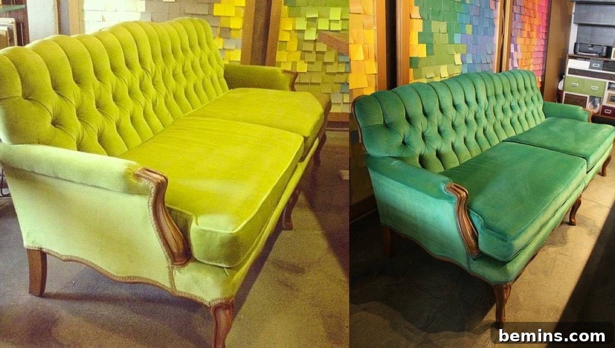 Furniture Transformation Ideas: 67 Stunning Before & After Projects 4 Emerald green couch makeover