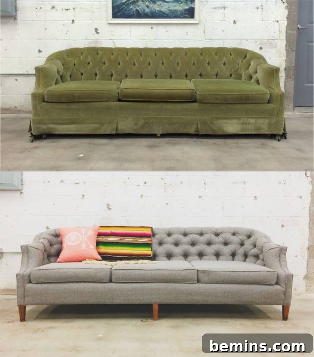 Furniture Transformation Ideas: 67 Stunning Before & After Projects 5 Reupholstered tufted sofa