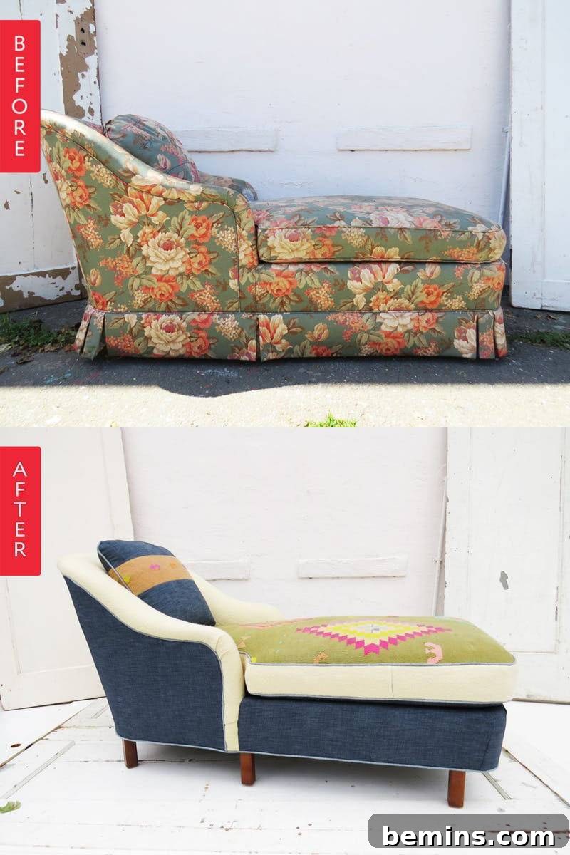 Furniture Transformation Ideas: 67 Stunning Before & After Projects 7 Chaise lounge makeover with multiple textiles