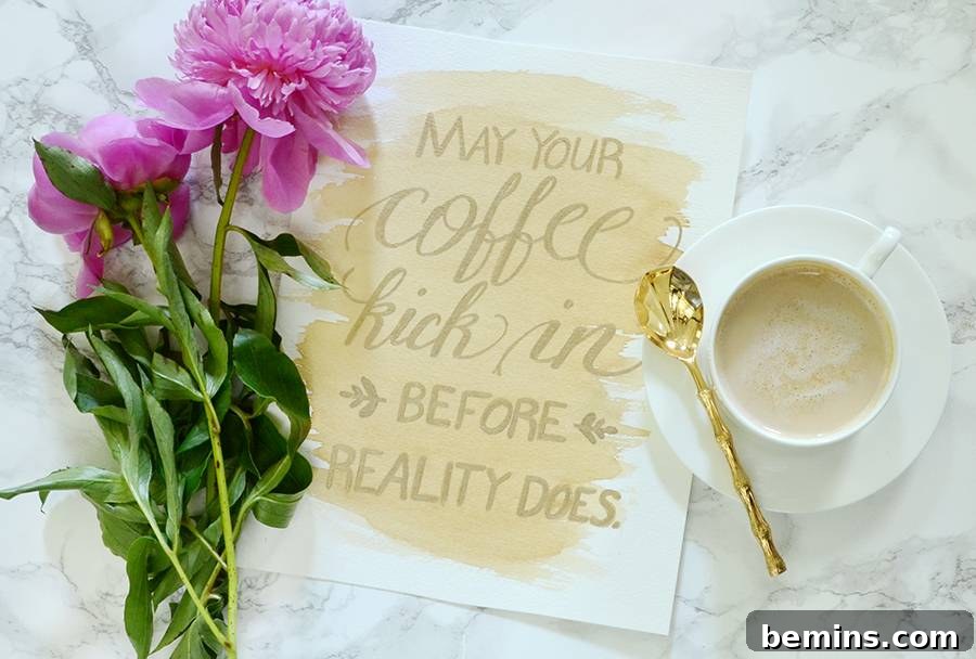 Free Printable Coffee Wall Art with the quote 'May your coffee kick in before reality does'