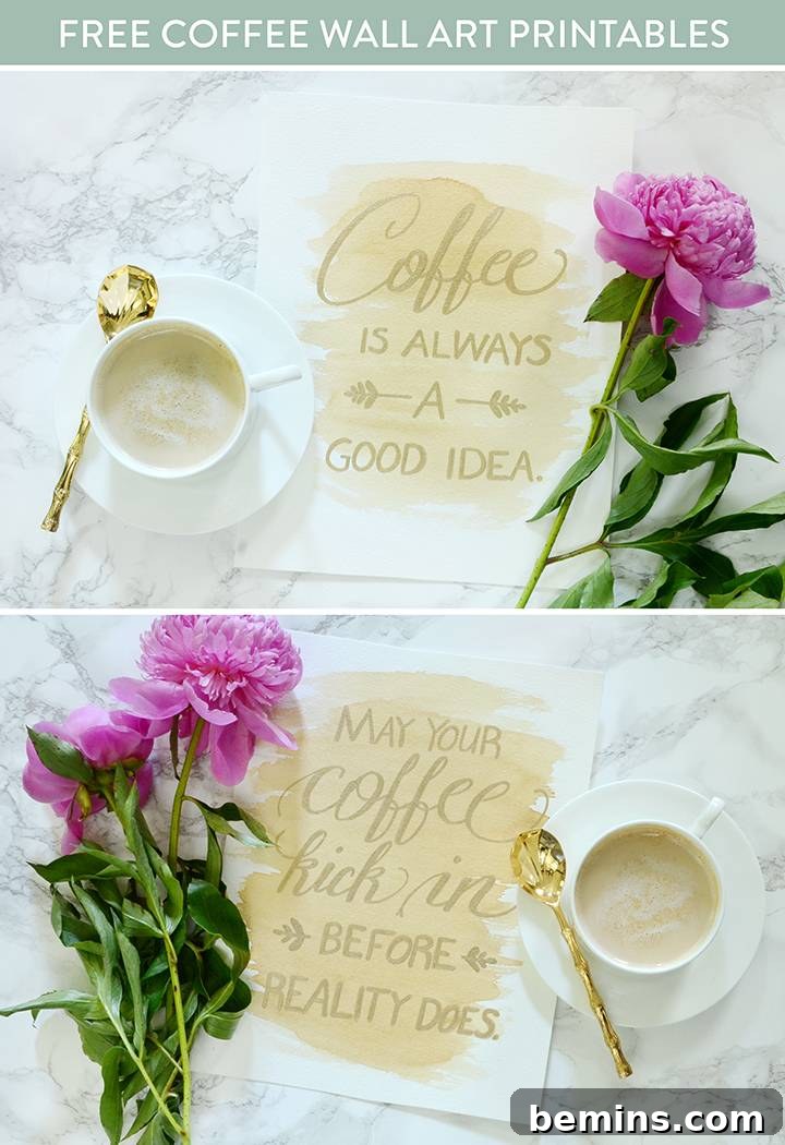 Pinterest image for sharing the free printable coffee wall art