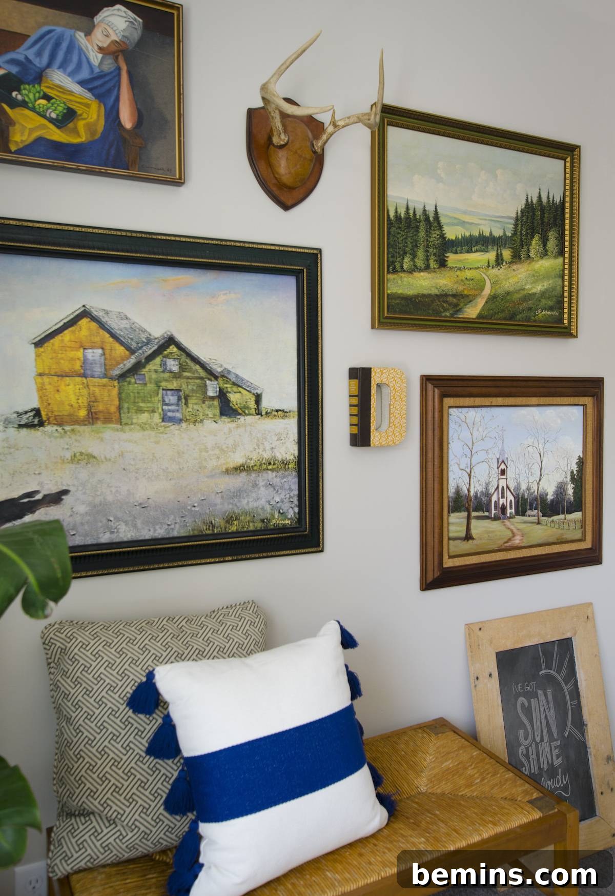 Close-up of the eclectic gallery wall details.